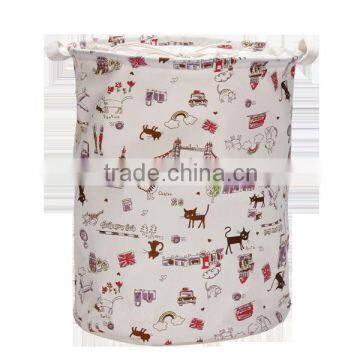 Cute Round Polyester Waterproof Basket Hamper , Bathroom Printed Kid Drawstring Laundry Basket