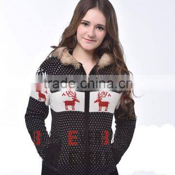 Canton Fair show womens christmas jacquard cardigan with hood