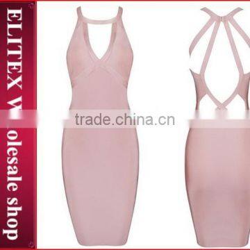 2015 HOT flesh-colored halter crossover high quality bandage dress