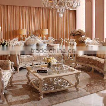 Wooden Living Room Furniture Ivory Frame Antique Silver Carving Fabric Sofa Set