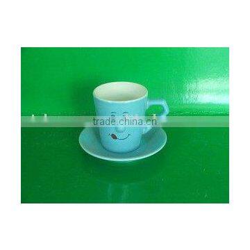 ceramic coffee mug with saucer blue color