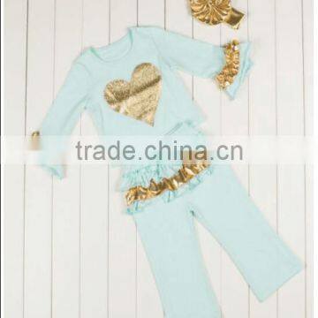 China 2016 New Design Factory Sale Directly Boutique Golden Autumn Outfits With Headband photo-5