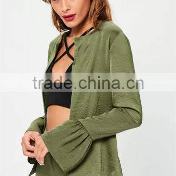 MGOO High Quality Custom Khaki Satin Jackets Crepe Satin Flare Sleeves Custom Cardigan Casual Wear photo-4