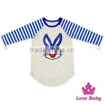 Wholesale 100% hot Easter cute bonny rabbit children kid cloth blue stripe long sleeve t shirt with sequins