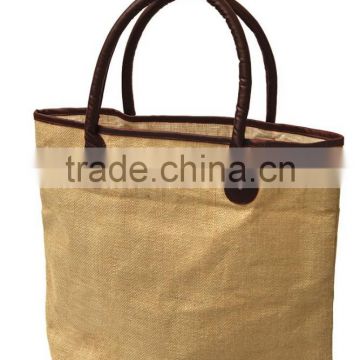 Eco-Friendly Jute Beach Tote Bag - features leather trim, shoulder-length stuffed leather handles and comes with your logo.