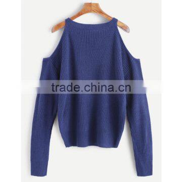2017 Fall Women Loose Dark Blue Cold Shoulder Knit Sweater photo-2
