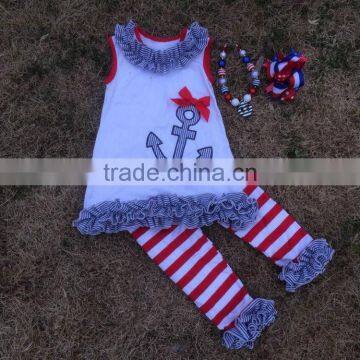 2015 New Hot Sell Anchor Red White Girl Outfits With Matching Necklace and Bow Wholesale Set photo-3