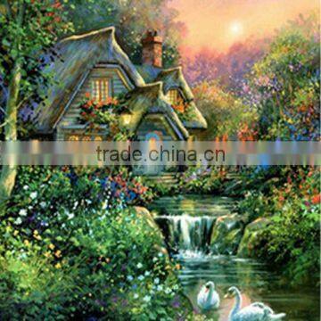 Custom Pattern Rhinestone Multicolor Swan Garden House Pattern Cotton Embroidery DIY Kit Diamond Painting