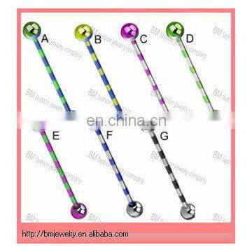 Titanium anodized striped industrial straight barbell, 14 gauge ,beautiful body piercing jewelry rings