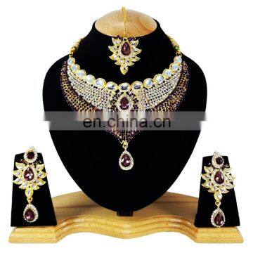 Designer Party Wear kundan Purple Stone Color Gold Plated Zerconic Necklace Earrings Tikka