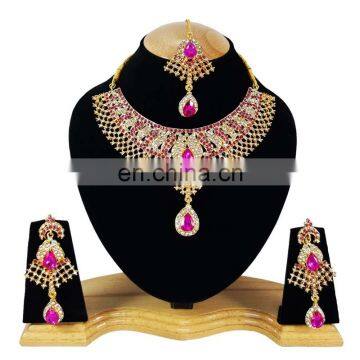 Wedding Collection Kundan Pink Stone Color Gold Plated Zerconic Necklace Earrings Tikka