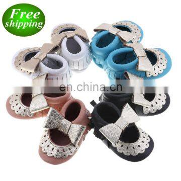 Baby Genuine Leather shoes with bow Toddler Girl Soft Sole moccasins