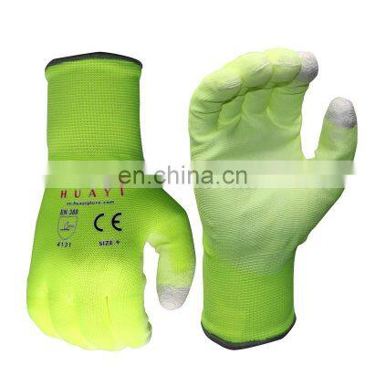 HY seamless polyester or nylon Fluorescent yellow Touch screen palm pu coated work safety glove