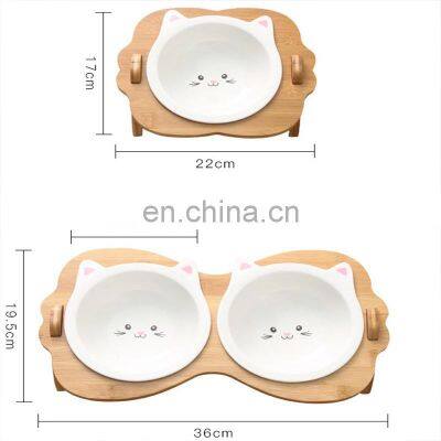 Non-slip Feeding Cat Pet Dog Stand Natural Bamboo Rack Ceramic Bowls Feeder for Pets photo-5