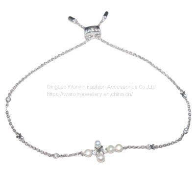 S925 Sterling Silver Bracelet Female Diamond Freshwater Pearl Cross Bracelet