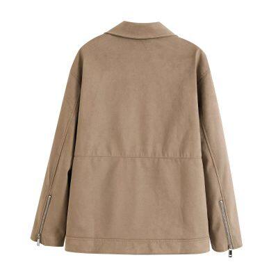 Women's Suede Texture Effect Motorcycle Style Lapel Jacket Jacket photo-2