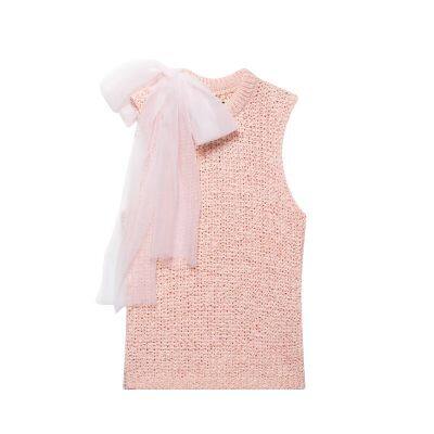 Spring and summer new round neck transparent hard yarn butterfly knot decoration sleeveless knitted top