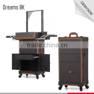 Professional large size rolling cosmetic case trolley 2 in1 makeup case with mirror