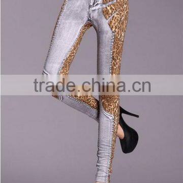 2016 Fashion Leopard Print Denim Stitching Design Women Skinny Denim Jeans photo-2
