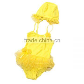 wholesale boutique 2016 New arrival lovely baby girl swimsuit+cap yellow bathing suit children toddlers one piece swimwear kids