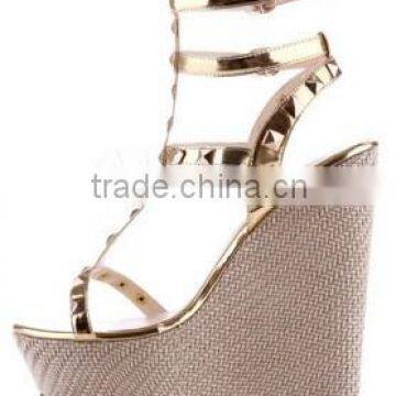 Modern newest fashion women sandals gold stud heels wedge sandals platform ankle strap sandals