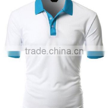 100% Cotton Custom Men White Polo Shirt with Sky Blue Collar, Placket and Cuffs