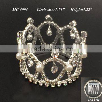 2016 NEW round mini pearl crystal rhinestone comb crown tiara for kid birthday party Bridal Wedding party(MC-4004)