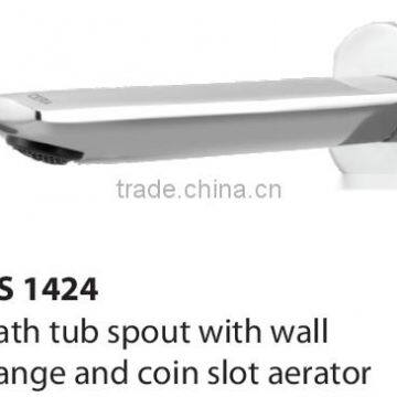 Bath tub spout with wall flange and coin slot aerator