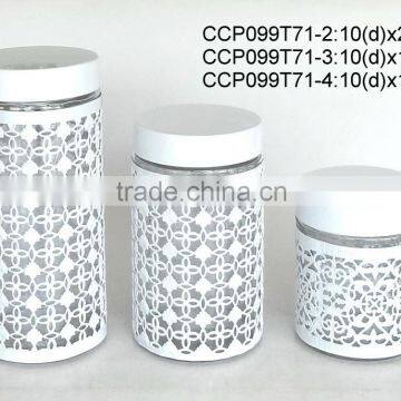 Round glass jar with engraving metal casing (CCP099T71)