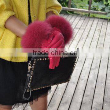 High-end Genuine Fox Fur Cuff Evening Party Leather Dress Gloves Factory Sale