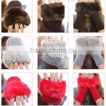 Women Fingerless Gloves Arm Warmer Glove Long Winter Faux Fur Mittens Knitted Ribbed