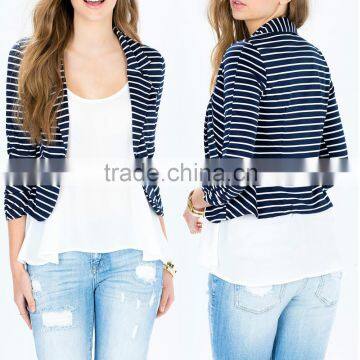 Trun Down Collar 3 Quarter Gatering Cuff Lady Striped Coat Spring Autumn Coat