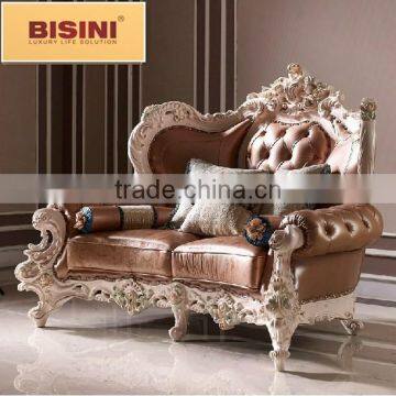 Bisini French Palace Solid Wooden Handcarved Genuine Leather Sofa Set photo-2