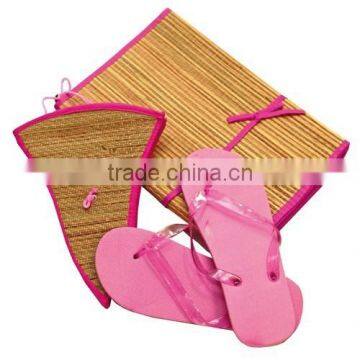 Folding straw beach mat set with flip flop and straw hat