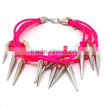 multi layered silver rivet charms neon silk cord bracelet Europe handmade punk style bracelet