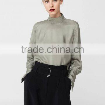 Autumn Women's Shirts Blouses 2017 100% Viscose Rounded Neck Long Sleeve Blouses photo-4