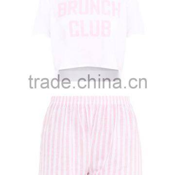 Custom Design Ladies Cotton Pajamas Text Print Top With Stripes Shorts Pink Pyjama 2 Pieces Nightwear photo-4