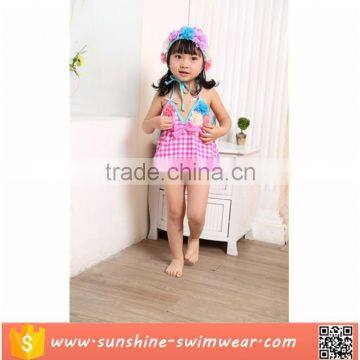 OEM Plaid Baby Girls Lacing Three Piece Swimming Costume With Flowers