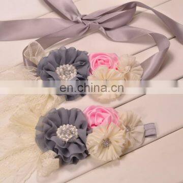 Vintage Sash Belt Headband Sets Satin Grey Ivory Flower Sashes With Lace Bows For Wedding Accessory