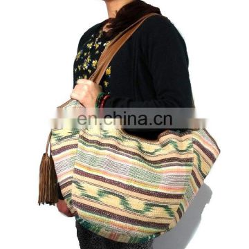 Vintage Kantha Tote Bag Women's Leather Strap Hand Bag