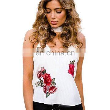 2017 New Fashion Design Floral Embroidered V Neck Halter Top For Women