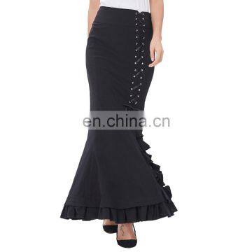 Belle Poque Womens Victorian Style High Stretchy Nylon-Cotton Vintage Retro Ruffled Fishtail Mermaid Black Long Skirt BP000203-1