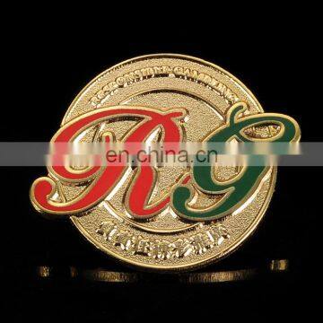 circular metal logo pin with sticker; round pin badge