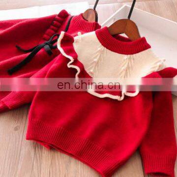 Winter special 2 colors pearl tie color matching girls sweater kids