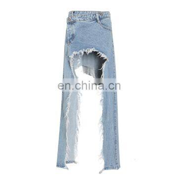 TWOTWINSTYLE Skirt For Women Casual Tassel Asymmetrical Denim High Waist Split Hit Color Irregular photo-5