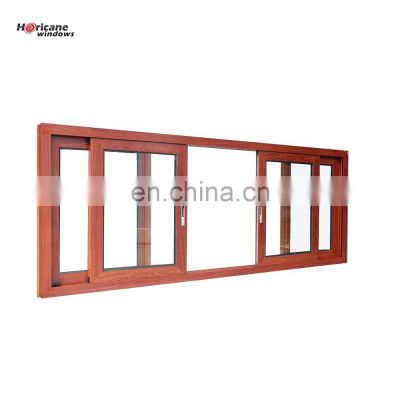 Horizontal wooden white 4 panel tempered glass aluminium sliding windows with mosquito net