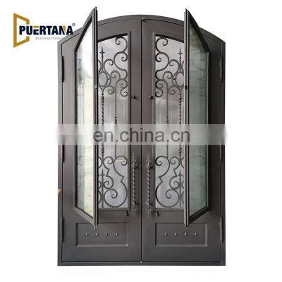 Arched Top Wrought Iron French Double Front Entry Door With Sidelights & Transom Exterior Steel Main Entrance Door Grill Design photo-4