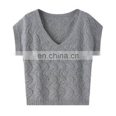 Women's Loose Custom Knit Woolen Sweater Vest V-Neck Cashmere Embroidered Logo Sleeveless Casual Outer Wear Solid Pattern Back