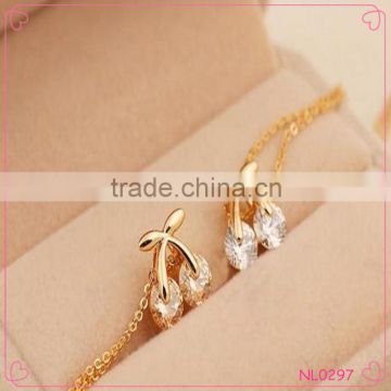 Cute Cherry Shaped Crystal Pendant Necklace With Long Chain Golden Necklace