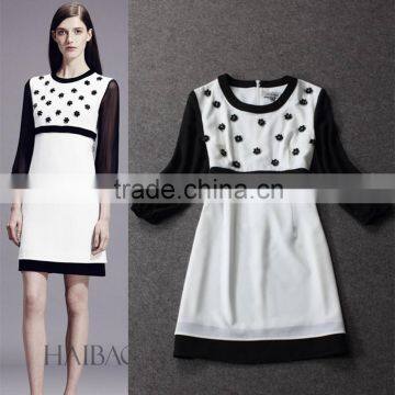 2014 Early autumn fashion runway style chiffon dress 3/4 sleeve beaded contrast color vestido manga longa for young lady B18166